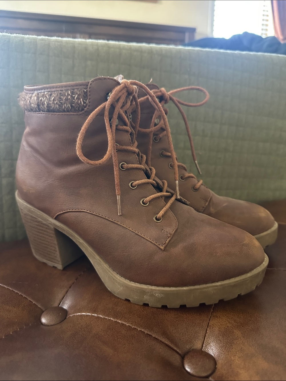 JustFab Brown Lace-Up Chunky Heel Ankle Boots